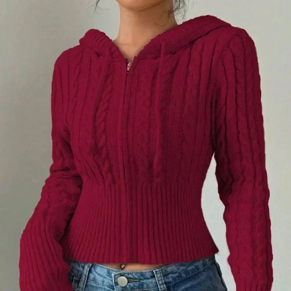 Red Casual Women's Plain Zippered Hooded Drawstring Cardigan